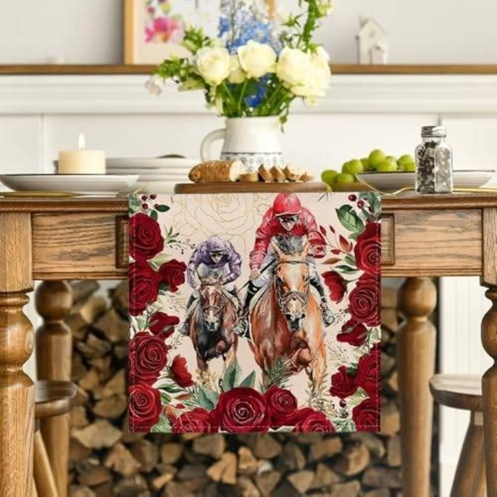 Horse Racing Table‎ Runner Kentucky Derby Red Roses Equestrian Decor Cream
